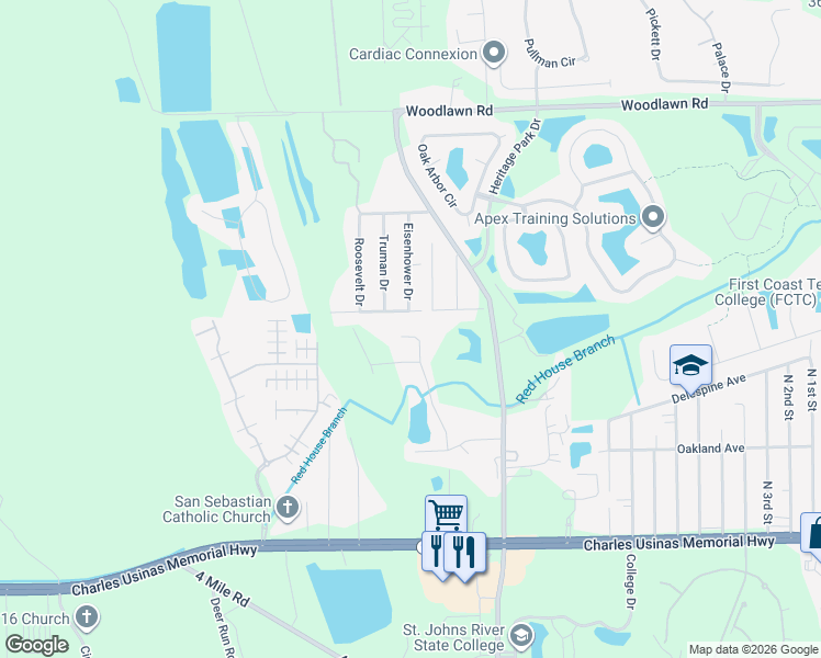 map of restaurants, bars, coffee shops, grocery stores, and more near 278 Roaring Brook Dr in St Augustine