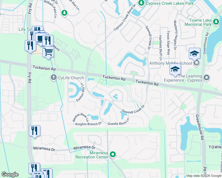 map of restaurants, bars, coffee shops, grocery stores, and more near 20130 Emery Spur Lane in Harris County