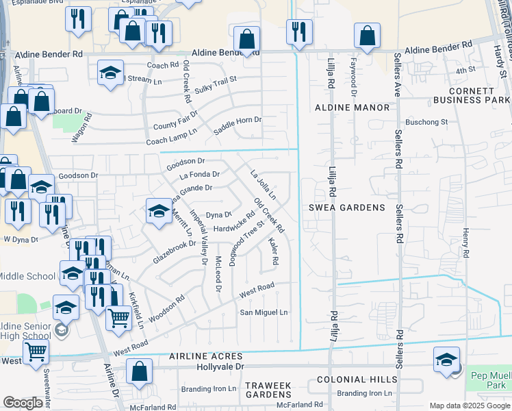 map of restaurants, bars, coffee shops, grocery stores, and more near 15219 Old Creek Road in Houston