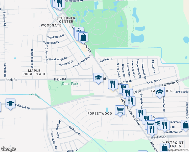 map of restaurants, bars, coffee shops, grocery stores, and more near 13102 Daywood Drive in Houston