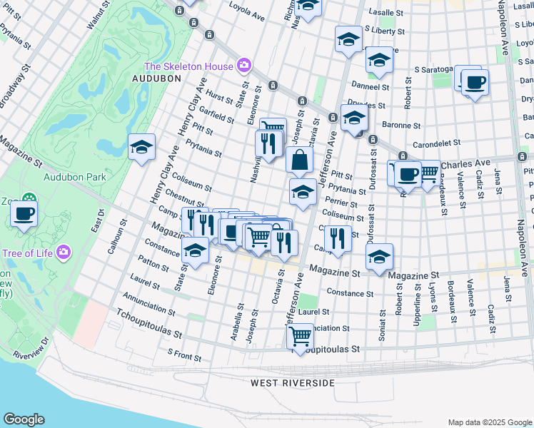 map of restaurants, bars, coffee shops, grocery stores, and more near 1021 Arabella Street in New Orleans