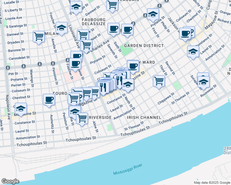 map of restaurants, bars, coffee shops, grocery stores, and more near 3222 Magazine Street in New Orleans