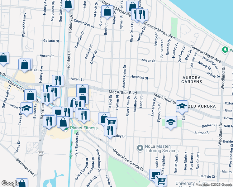 map of restaurants, bars, coffee shops, grocery stores, and more near 3001 Hyman Place in New Orleans