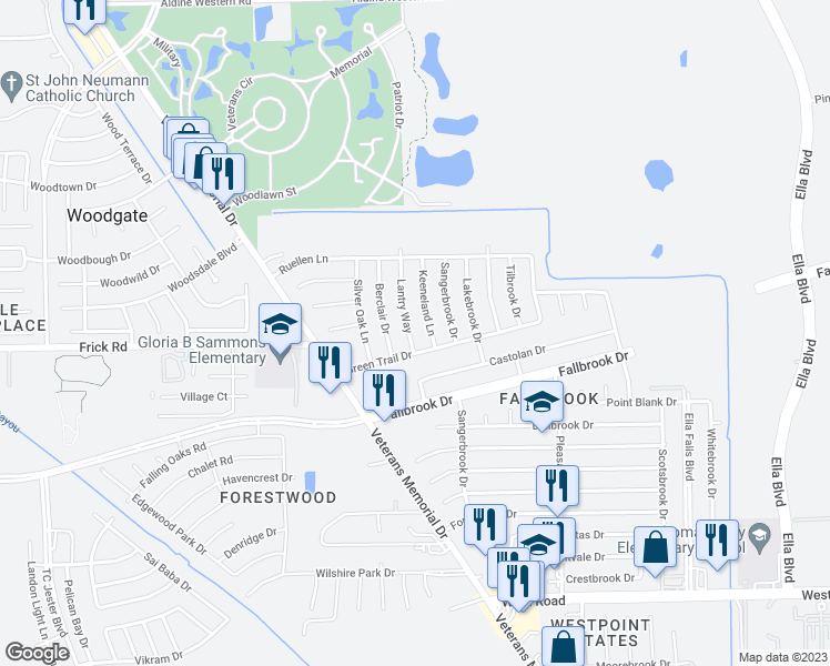 map of restaurants, bars, coffee shops, grocery stores, and more near 10514 Lantry Way in Houston
