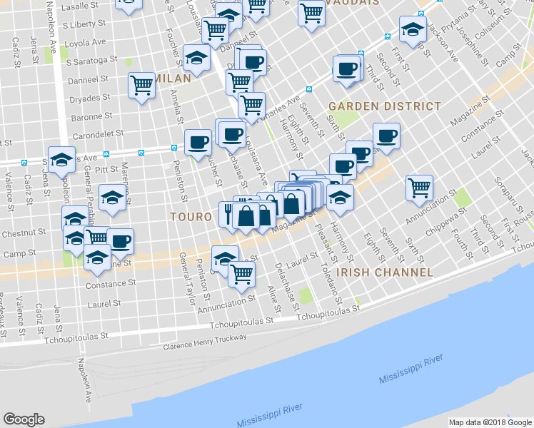 map of restaurants, bars, coffee shops, grocery stores, and more near 3424 Camp Street in New Orleans