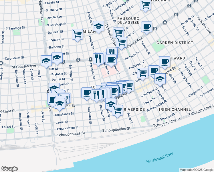map of restaurants, bars, coffee shops, grocery stores, and more near 3628 Chestnut Street in New Orleans