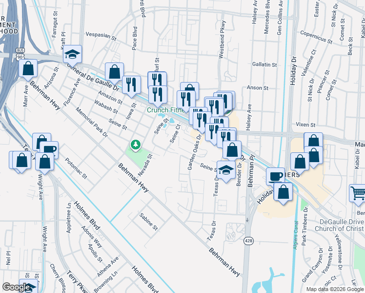 map of restaurants, bars, coffee shops, grocery stores, and more near 23 Carriage Lane in New Orleans