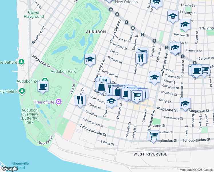 map of restaurants, bars, coffee shops, grocery stores, and more near 910 State Street in New Orleans