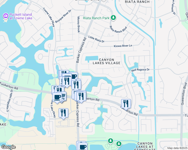 map of restaurants, bars, coffee shops, grocery stores, and more near 17515 South Summit Canyon Drive in Houston