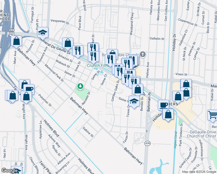 map of restaurants, bars, coffee shops, grocery stores, and more near 23 Carriage Lane in New Orleans