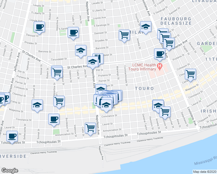 map of restaurants, bars, coffee shops, grocery stores, and more near 4216 Coliseum Street in New Orleans