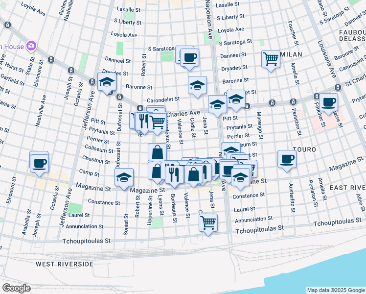 map of restaurants, bars, coffee shops, grocery stores, and more near 1205 Valence Street in New Orleans