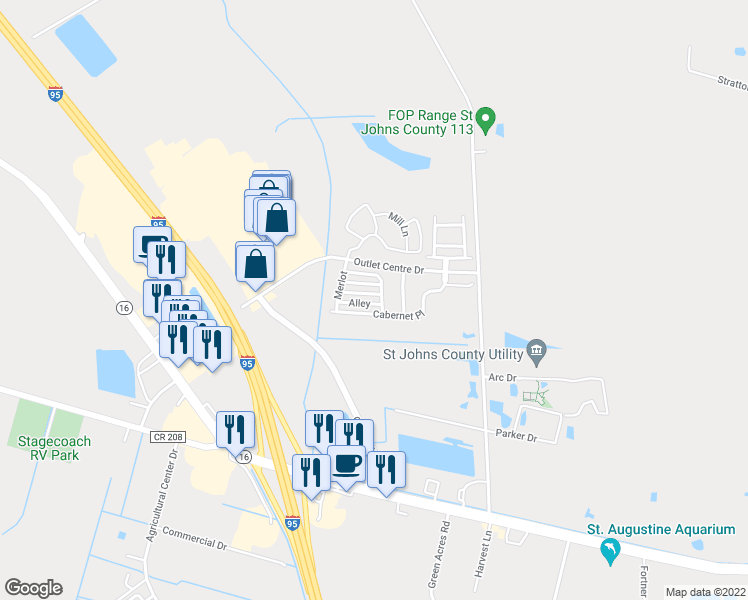 map of restaurants, bars, coffee shops, grocery stores, and more near 671 Drake Bay Terrace in Saint Augustine
