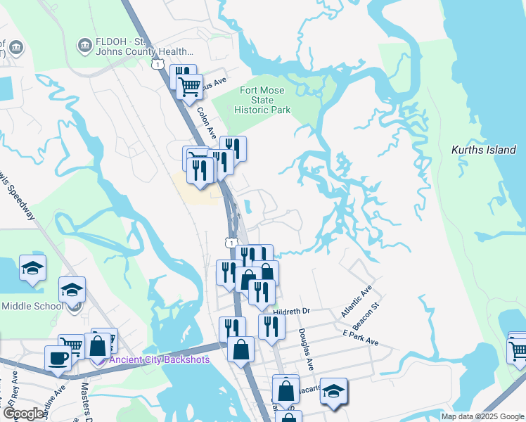 map of restaurants, bars, coffee shops, grocery stores, and more near 3015 Aqua Vista Lane in St. Augustine