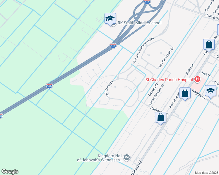 map of restaurants, bars, coffee shops, grocery stores, and more near 202 Lac Segnette Drive in Luling