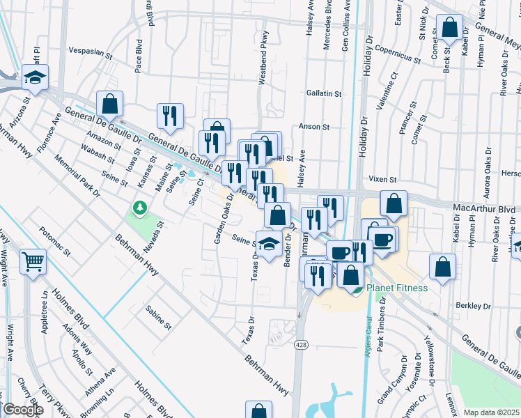map of restaurants, bars, coffee shops, grocery stores, and more near 3665 General De Gaulle Drive in New Orleans
