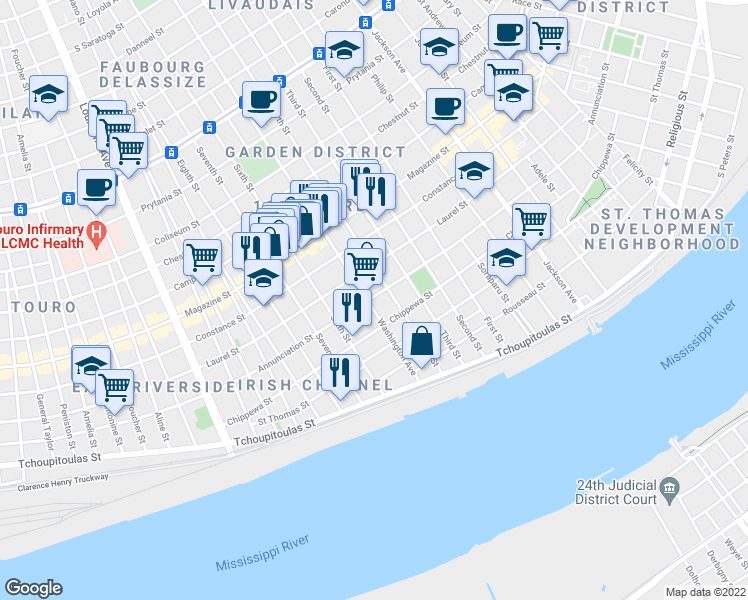 map of restaurants, bars, coffee shops, grocery stores, and more near 743 Washington Avenue in New Orleans