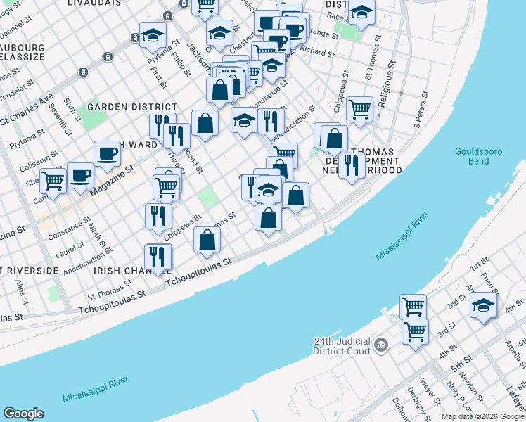 map of restaurants, bars, coffee shops, grocery stores, and more near 2357 Rousseau Street in New Orleans