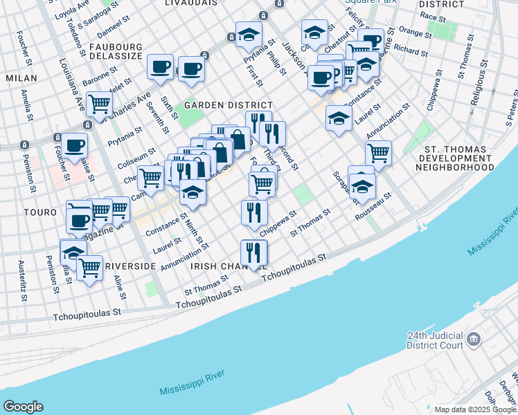 map of restaurants, bars, coffee shops, grocery stores, and more near 2815 Annunciation Street in New Orleans