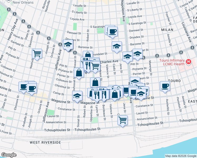 map of restaurants, bars, coffee shops, grocery stores, and more near 1200 Bordeaux Street in New Orleans