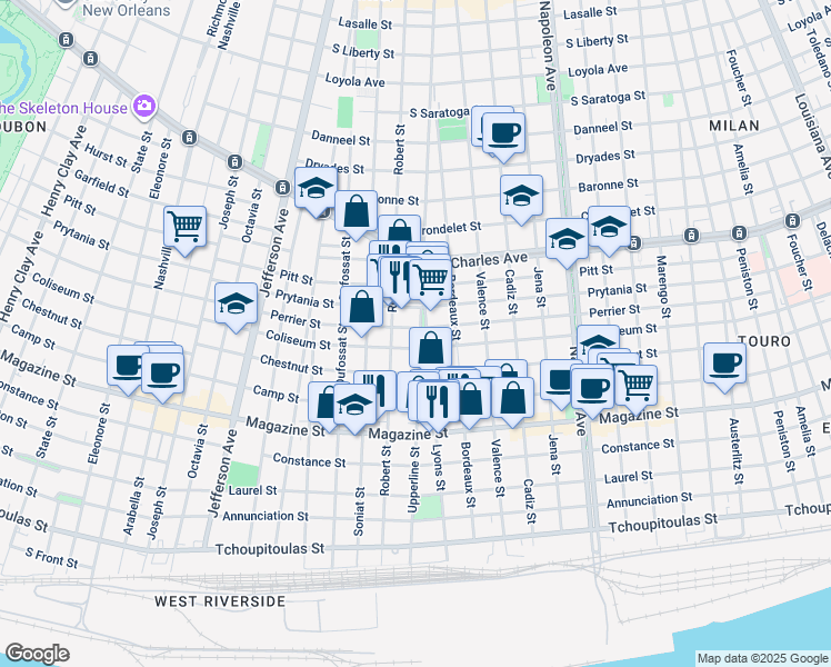 map of restaurants, bars, coffee shops, grocery stores, and more near 1200 Upperline Street in New Orleans