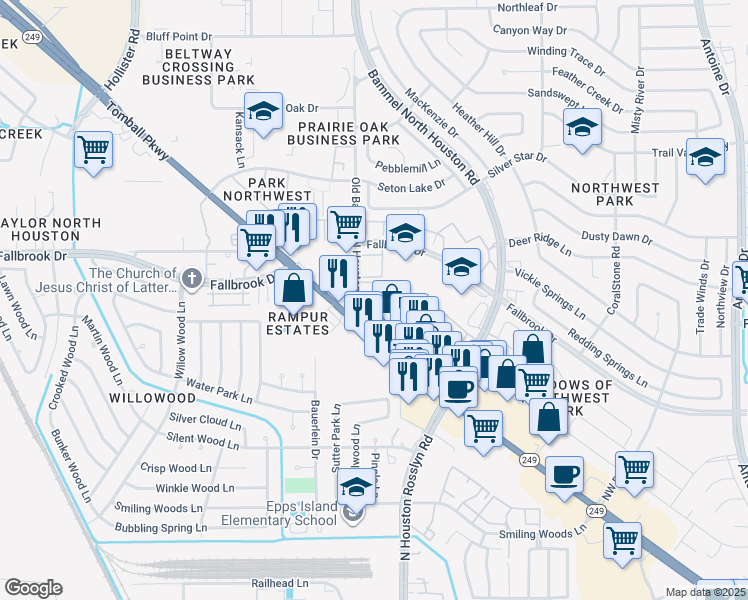 map of restaurants, bars, coffee shops, grocery stores, and more near 14150 Tomball Parkway in Houston