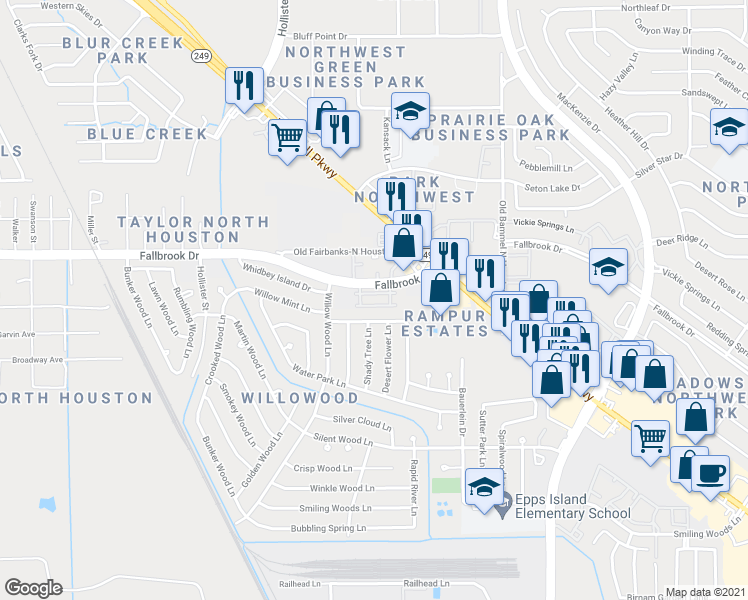 map of restaurants, bars, coffee shops, grocery stores, and more near 7607 Fallbrook Drive in Houston