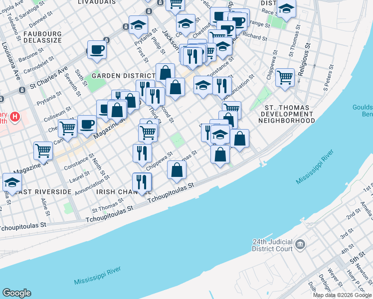 map of restaurants, bars, coffee shops, grocery stores, and more near 625 Third Street in New Orleans