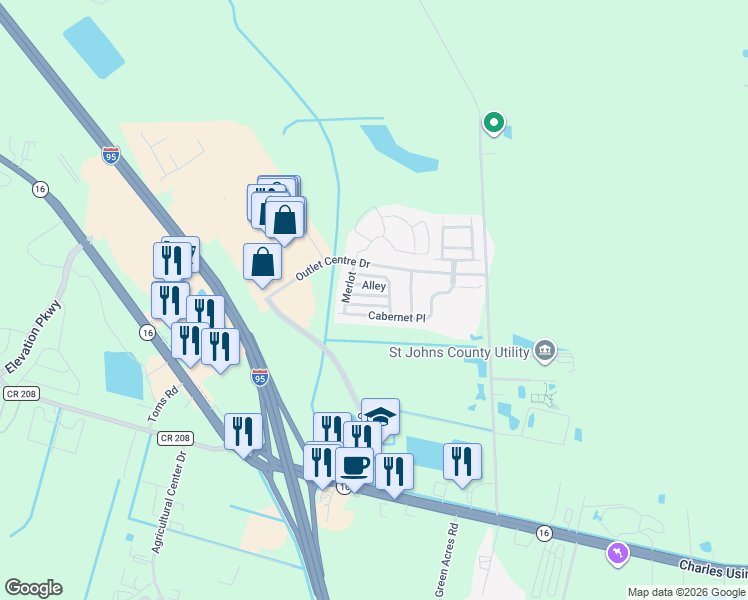 map of restaurants, bars, coffee shops, grocery stores, and more near 478 Alley in St. Augustine