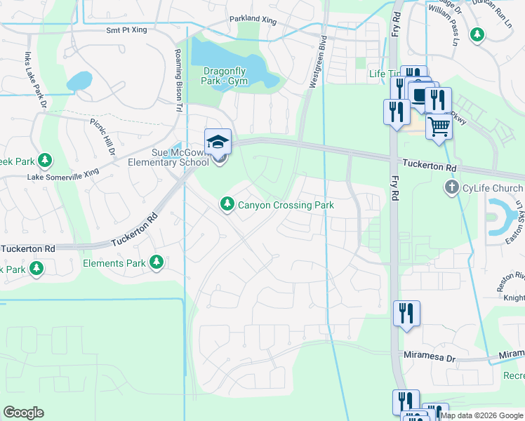 map of restaurants, bars, coffee shops, grocery stores, and more near Unnamed Road in Cypress