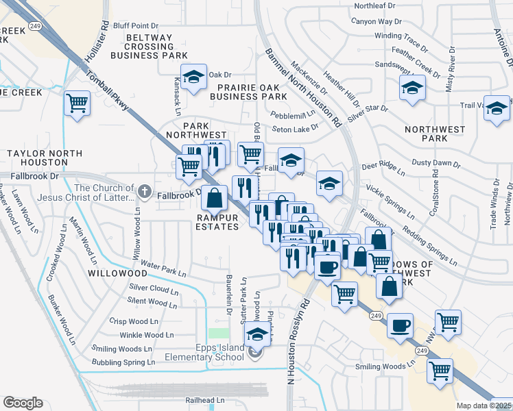 map of restaurants, bars, coffee shops, grocery stores, and more near 10155 Bammel North Houston Road in Houston