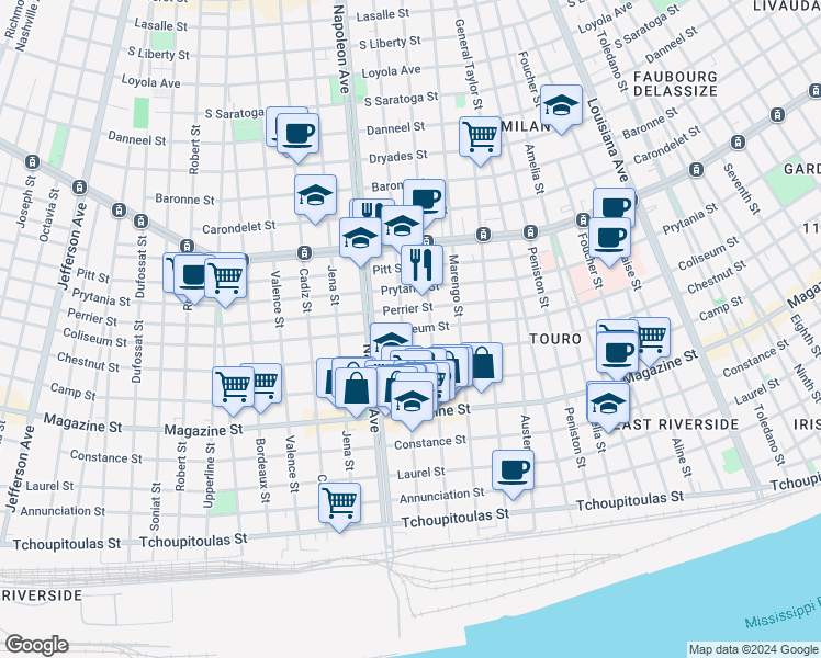 map of restaurants, bars, coffee shops, grocery stores, and more near 4231 Coliseum Street in New Orleans