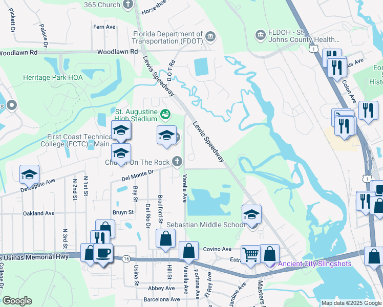 map of restaurants, bars, coffee shops, grocery stores, and more near 140 Woodcrest Drive in St. Augustine
