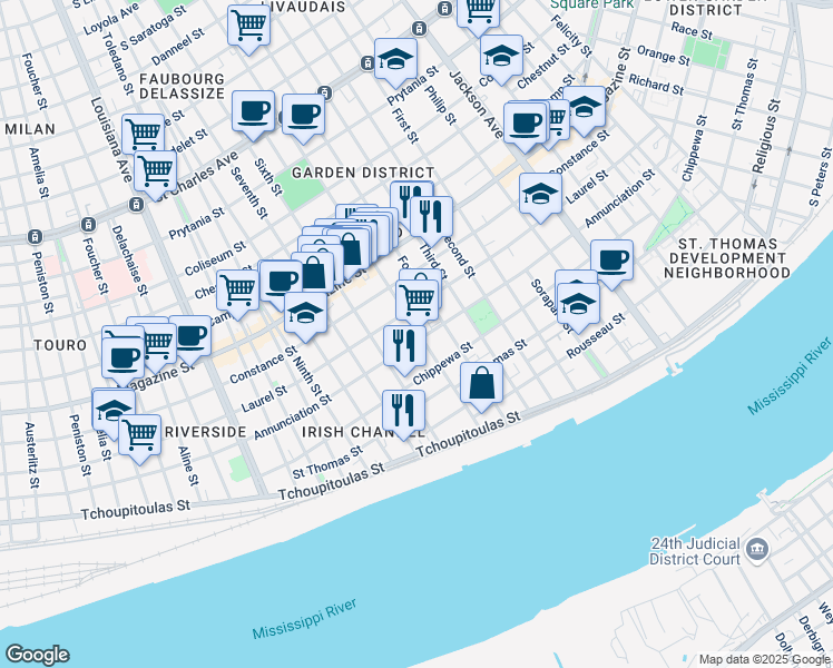 map of restaurants, bars, coffee shops, grocery stores, and more near 2815 Annunciation Street in New Orleans