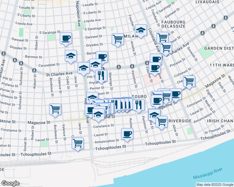 map of restaurants, bars, coffee shops, grocery stores, and more near 1112 Constantinople Street in New Orleans