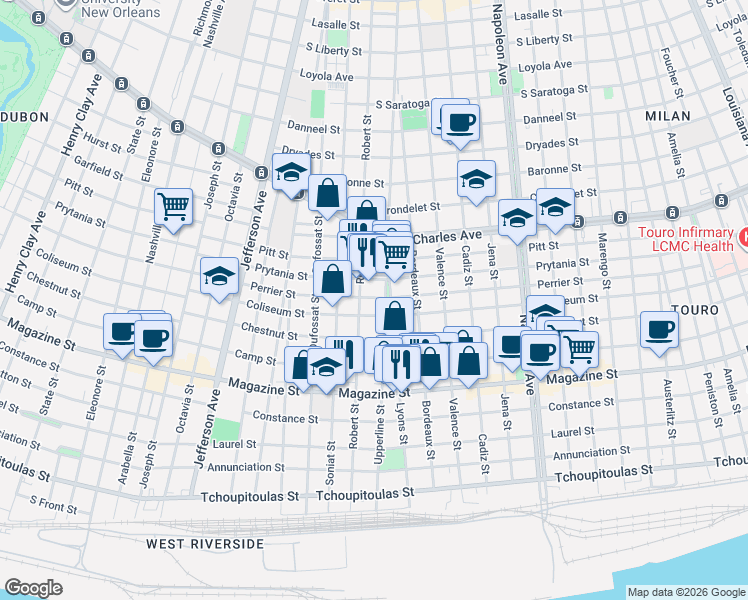 map of restaurants, bars, coffee shops, grocery stores, and more near 1200 Upperline Street in New Orleans