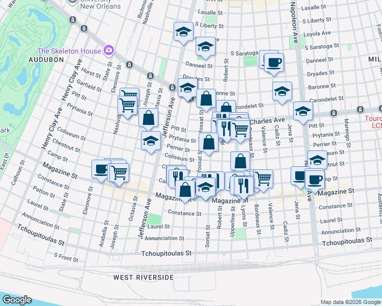 map of restaurants, bars, coffee shops, grocery stores, and more near 5201 Coliseum Street in New Orleans