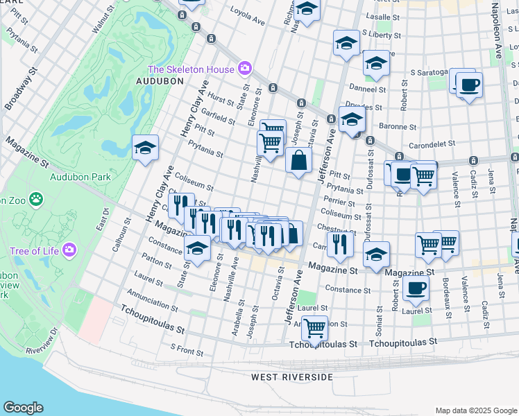 map of restaurants, bars, coffee shops, grocery stores, and more near 1021 Arabella Street in New Orleans