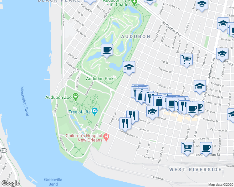 map of restaurants, bars, coffee shops, grocery stores, and more near 6316 Magazine Street in New Orleans