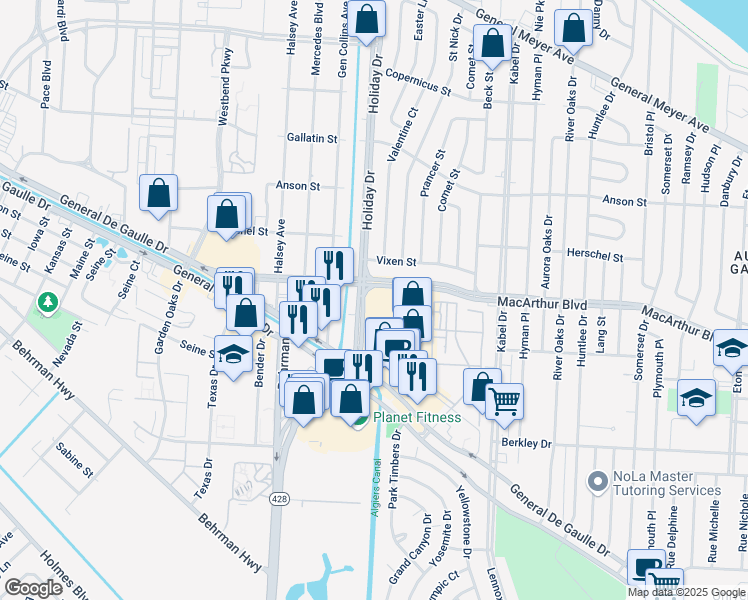 map of restaurants, bars, coffee shops, grocery stores, and more near 3044 Holiday Dr in New Orleans