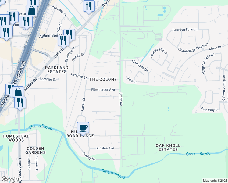 map of restaurants, bars, coffee shops, grocery stores, and more near 6710 Ellenberger Avenue in Humble