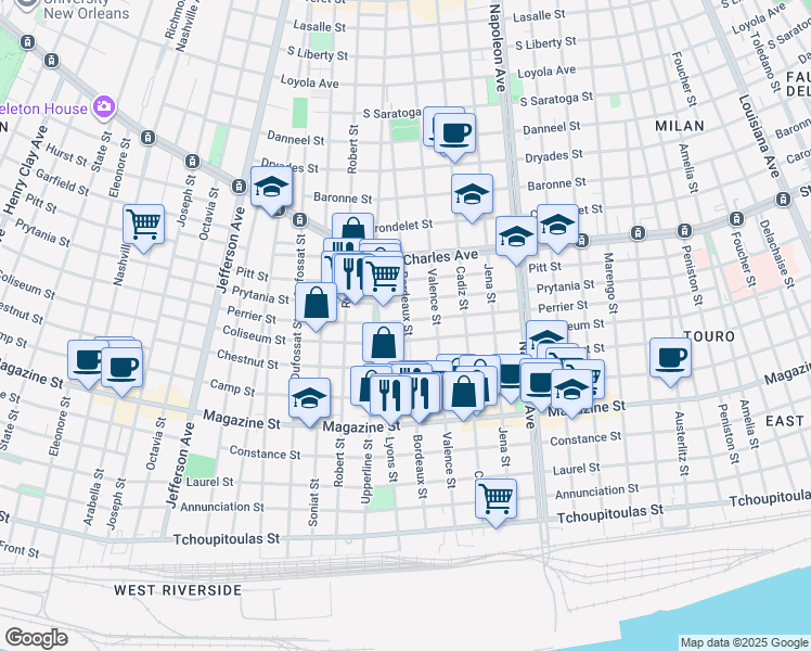 map of restaurants, bars, coffee shops, grocery stores, and more near 1200 Bordeaux Street in New Orleans