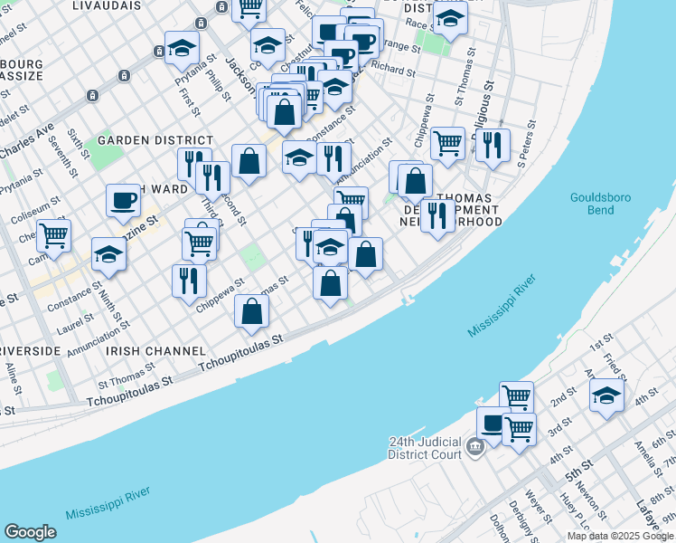 map of restaurants, bars, coffee shops, grocery stores, and more near 442 Philip Street in New Orleans