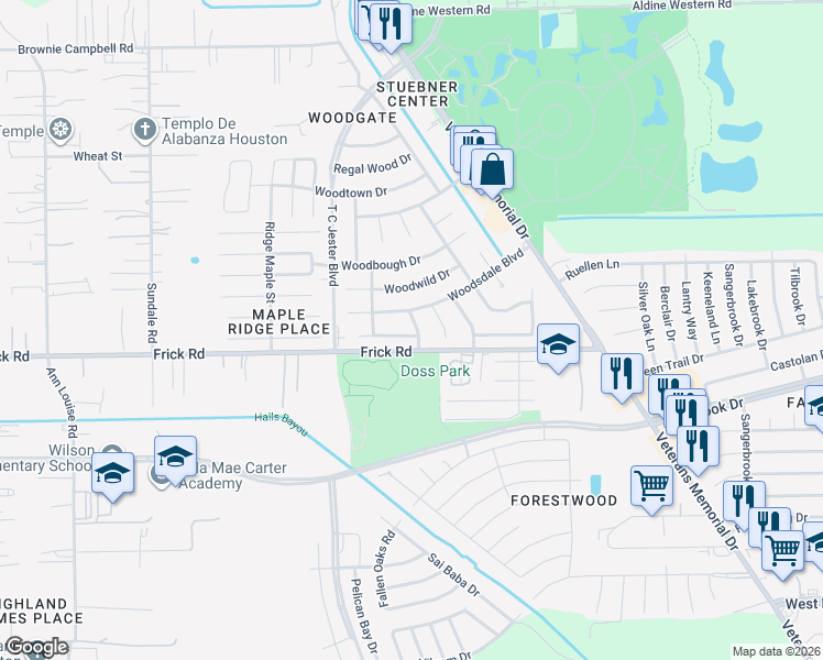 map of restaurants, bars, coffee shops, grocery stores, and more near 13106 Wood Trail Drive in Houston