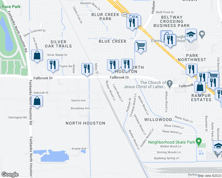 map of restaurants, bars, coffee shops, grocery stores, and more near 8026 Bunker Wood Lane in Houston