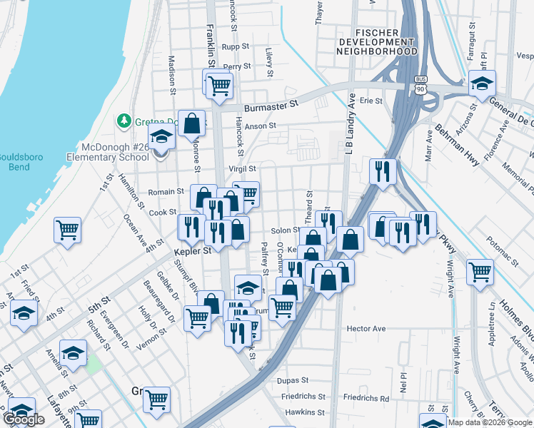 map of restaurants, bars, coffee shops, grocery stores, and more near 1512 Palfrey Street in Gretna