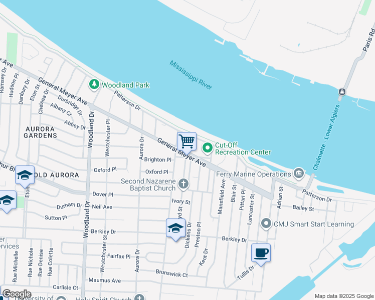 map of restaurants, bars, coffee shops, grocery stores, and more near 6505 General Meyer Avenue in New Orleans