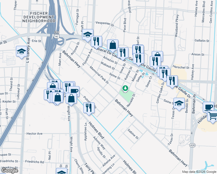map of restaurants, bars, coffee shops, grocery stores, and more near 2918 Behrman Highway in New Orleans