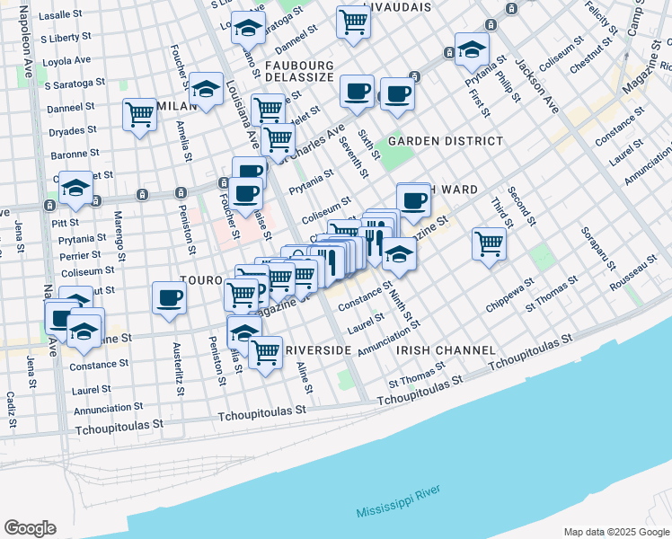 map of restaurants, bars, coffee shops, grocery stores, and more near 3317 Magazine Street in New Orleans