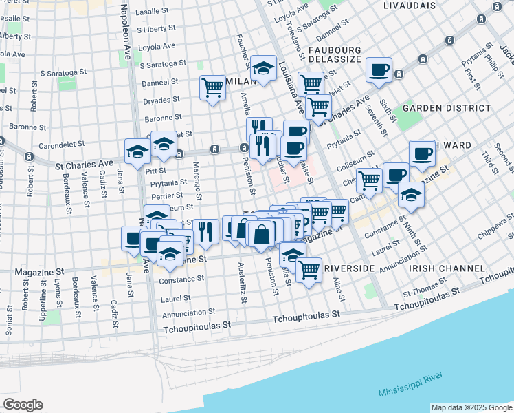 map of restaurants, bars, coffee shops, grocery stores, and more near in New Orleans